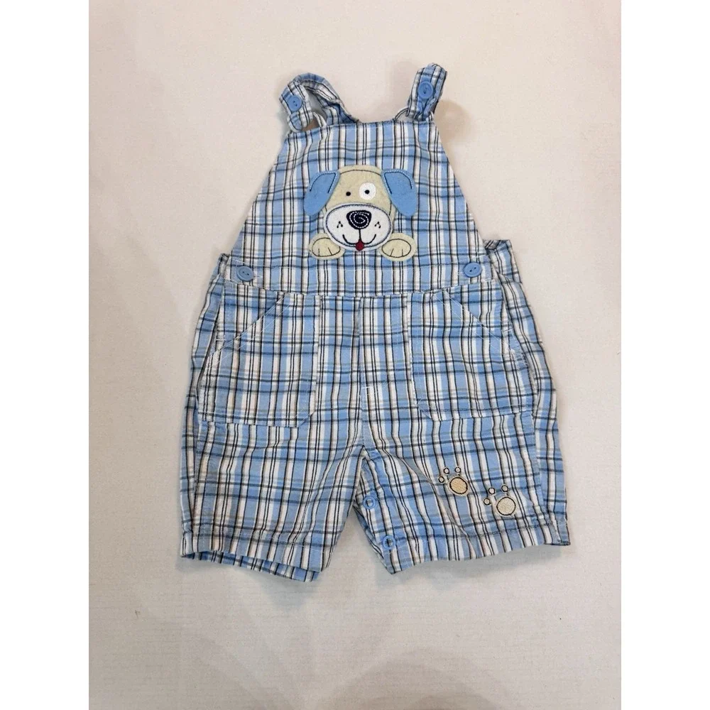 Vintage B.T. Kids Boys Plaid Blue Overalls Puppy Size 18‎ Months